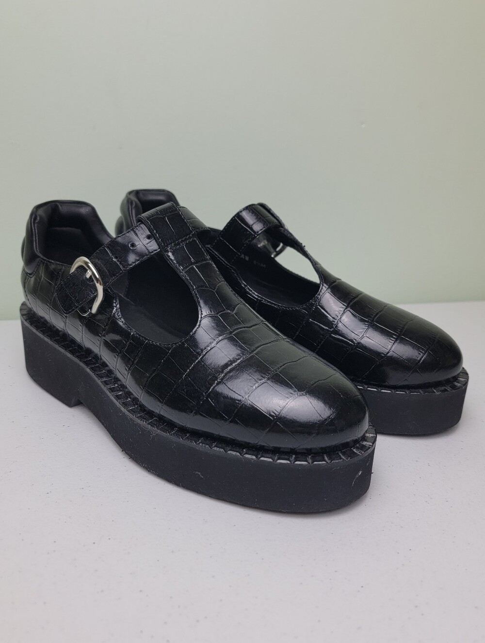 Aquatalia Malvina Croco Mary Jane Loafers Black Italy Women's 8.5